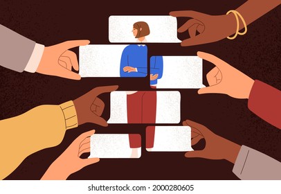 Psychological concept of public opinion dependence. People sharing feedback, commenting, judging and criticizing person. Woman resistible to others' assessment and criticism. Flat vector illustration