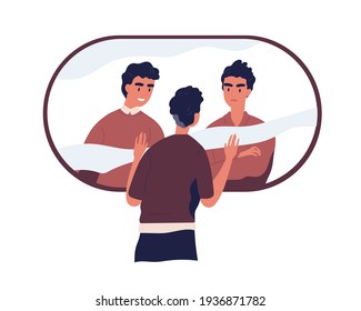 Psychological concept of split personality, bipolar disorder, and divided self. Person with conflicting inner voices of subpersonalities. Colored flat vector illustration isolated on white background