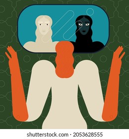 Psychological concept of split personality, bipolar disorder, and divided self. Person with conflicting inner voices of subpersonalities. Vector illustration flat design. 