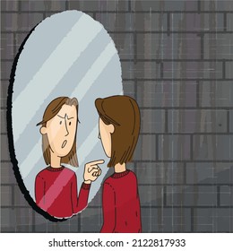 Psychological conflict. Self-talk. Claiming your reflection in the mirror: "I do not like you".