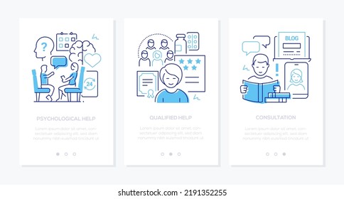 Psychological Consultation And Help - Line Design Style Banners Set In Blue Color With Place For Text. Qualified Psychologist, Group And Drug Therapy, Online Communication, Mental Support Idea