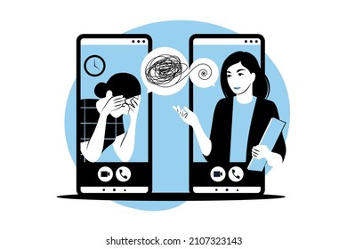 Psychological counseling concept. Psychological assistance service online on mobile phone. Therapist is helping to patient cope with a stressful situation. Vector illustration. Flat.