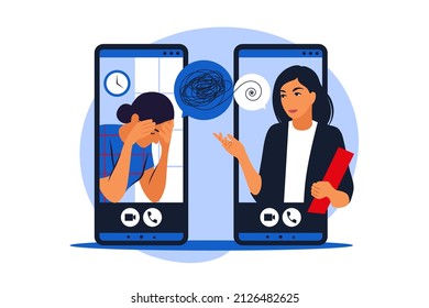 Psychological counseling concept. Psychological assistance service online on mobile phone. Therapist is helping to patient cope with a stressful situation. Vector illustration. Flat.