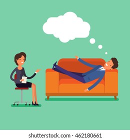Psychological counseling concept. Psychotherapist with lying patient characters.