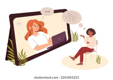 Psychological counseling concept. Woman helping character with depression and frustration. Poster or banner for website. Psychological help and support, mental health. Cartoon flat vector illustration