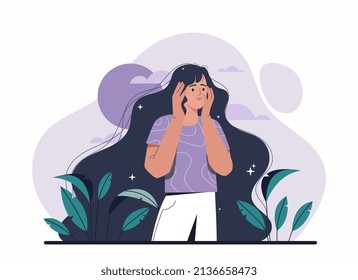 Psychological depression concept. Girl holds face with hands. Suffering and sadness, character trying to understand himself. Internal problems and mental health. Cartoon flat vector illustration