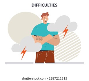 Dificultades psicológicas. Carácter que trata de obstáculos y desafíos. Circunstancias difíciles por superar. Burnout emocional, problema de salud mental. Ilustración vectorial plana