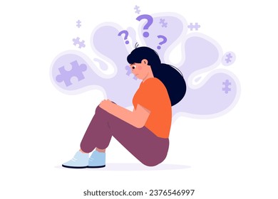 Psychological diseases concept. Depressed, sad woman sitting on floor. Vector illustrations for banner, website, landing page, flyer.
