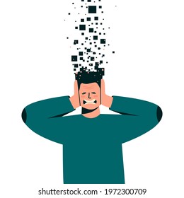 Psychological disorder concept. Person holding his head, covers ears, experiencing the emotions of fear or anger. Vector illustration.