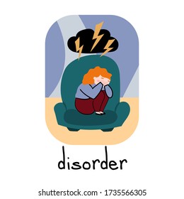 Psychological disorder. The girl is sitting on a chair and covers her face with her hands. Concept of psychological problems.