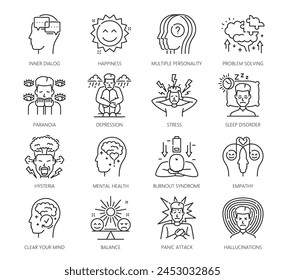 Problemas de trastorno psicológico e íconos de la salud mental, resumen del Vector. La psicología y la mente encabezan símbolos de depresión, estrés e histeria, empatía y ataque de pánico o trastornos mentales cerebrales