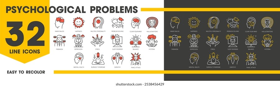 Problemas de distúrbio psicológico e ícones de linha de saúde mental para psicoterapia, delinear vetor. Psiquiatria, saúde mental e distúrbios cerebrais ícones de depressão, estresse, ansiedade e ataque de pânico