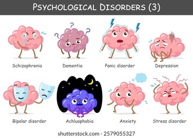 Psychological disorders set 3. Include schizophrenia, dementia, panic disorder, Depression, bipolar, phobia, anxiety, stress. Cute cartoon characters. Vector.