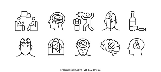 Psychological Dysfunction Icon Set. Set of 10 trendy minimal icons related to emotional well-being and psychological health, as therapy, stress, addiction, mindfulness. Vector illustrations