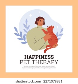 Psychological and emotional pets therapy treatment banner, flat cartoon vector illustration. Banner or card mockup for pets assisted therapy and emotional support.