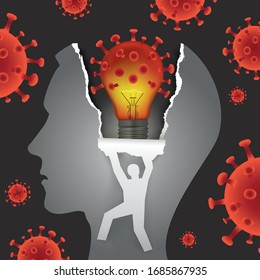 

 Psychological examination, Mental problems in coronavirus pandemic time.
 Male head in profile with with bulb in the shape of coronavirus.  Vector available.