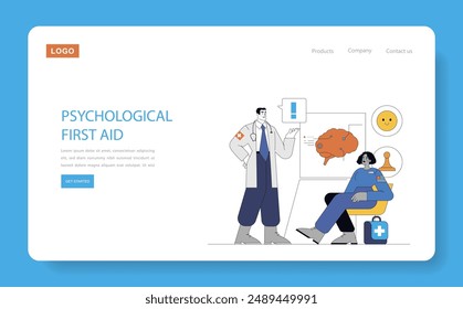 Psychological First Aid concept. Mental health expert aids person in distress, imparting coping strategies. Emotional support and care in crisis. Vector illustration.