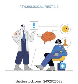 Psychological First Aid concept. A therapist provides mental health support to a patient. Coping strategies and emotional care guidance. Vector illustration.