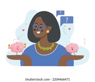 Psychological flat background with black woman holding happy and crying cartoon brain characters on her palms vector illustration