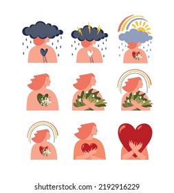 Psychological flat icons set, depression, childhood trauma, self love and psychological support. Psychotherapy vector concept. Collection of various illustrations with a teenage girl isolated on a