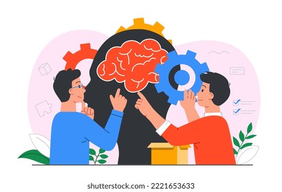 Psychological health concept. Men on background of abstract silhouette of head. Creative personalities, thought processes. Mental health and psychological help. Cartoon flat vector illustration