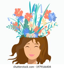 Psychological health girl and flowers from the head on a white background.