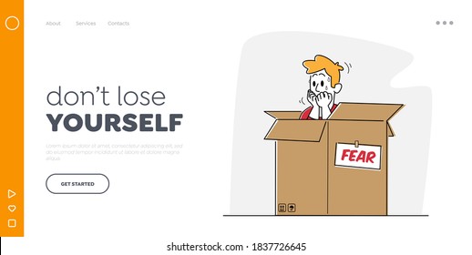 Psychological Health Problems, Illness Landing Page Template. Panic Attack Mental Sickness. Male Character Hiding inside of Carton Box Trying to Stop or Avoid Fear. Linear Vector Illustration