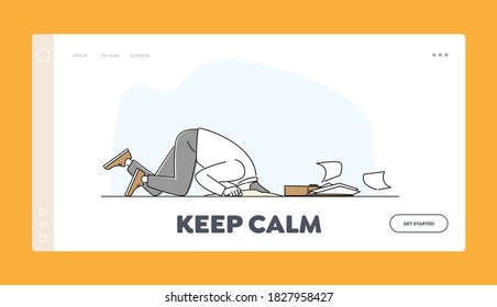 Psychological Health Problems Landing Page Template. Panic Attack Mental Sickness. Businessman Character Panic Disorder Hiding Head in Ground Trying to Stop Fear. Linear People Vector Illustration
