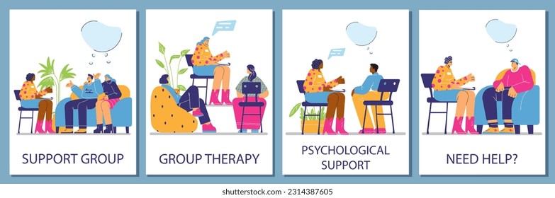 Psychological help advertising posters set, flat vector illustration. People attending group therapy sessions. Addiction treatment in support groups. Diverse people counseling with psychotherapist.