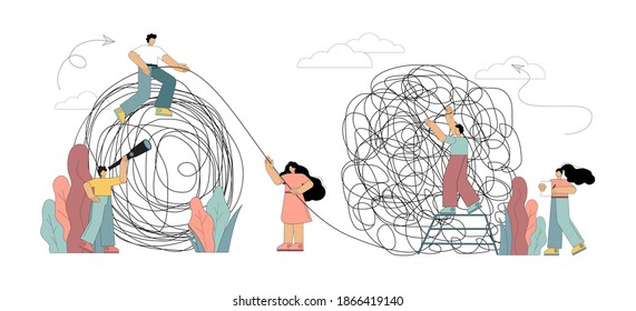Psychological help concept. Little flat people unravel the situation, put their thoughts in order. Vector illustration isolated on white background.