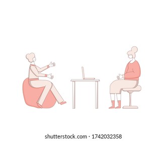 Psychological help. Counseling concept. Therapy session with stressed patient. Psychiatrist and client talking about feeling.  Couch listening sad man. Vecotor flat illustration.