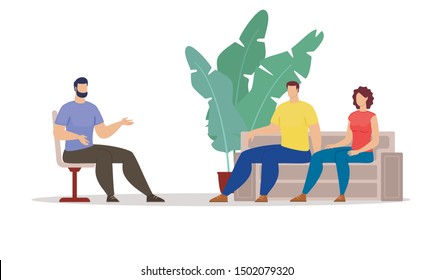 Psychological Help for Couples Trendy Flat Vector Concept. Wife and Husband Visiting Therapy, Sitting on Couch at Family Psychologist Appointment, Male Psychiatrist Talking with Patients Illustration