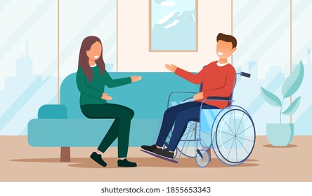 Psychological help for disabled people concept. Support for adaptation in society. Man in in wheelchair at psychologist consultation. Cartoon flat vector illustration with fictional characters