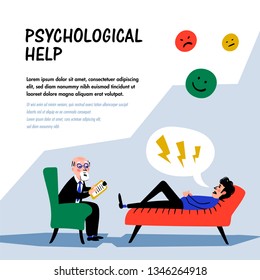 Psychological help. Doctor and patient, a man lying on sofa and talking to therapist. Web banner on theme of psychology. Mental problems, disorders and phobias. Doodle style flat vector illustration