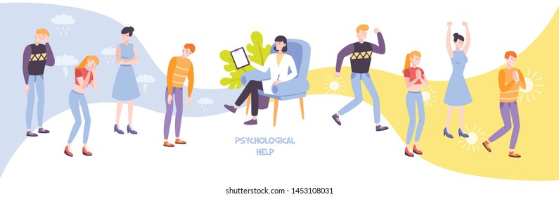 Psychological help flat composition with psychologist and group of people experiencing negative or positive emotions through gestures vector illustration