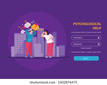 Psychological help flat landing page for people suffering from stress psychosis and other mental disorders vector illustration 