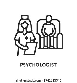 Psychological Help Flat Line Icon. Vector Illustration Psychiatric Care. Patient Sits In A Chair At A Psychologist Appointment