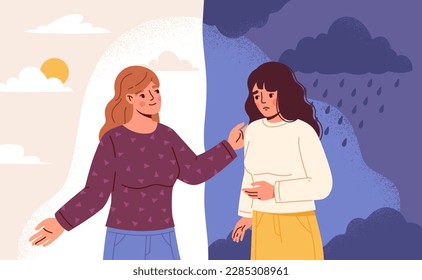 Psychological help of friend. Psychologist or caregiver shows way to new life. Improving life, getting rid of mental problems, stress and depression. Support and aid. Cartoon flat vector illustration