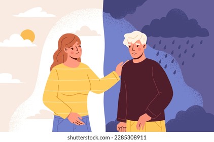 Psychological help of friend. Young girl adviser or patron provides support to man and helps to get out of depression and anxiety. Solving mental problem and disorder. Cartoon flat vector illustration