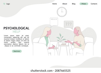 Psychological help landing page concept. Woman talks during a mental therapy session with her psychotherapist or psychologist. Vector illustration.