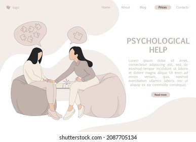 Psychological help landing page concept. Woman talks during a mental therapy session with her psychotherapist or psychologist. Vector illustration.
