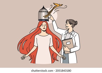 Psychological help and mental health concept. Young smiling woman doctor psychologist standing releasing woman patients head brain from cage vector illustration 