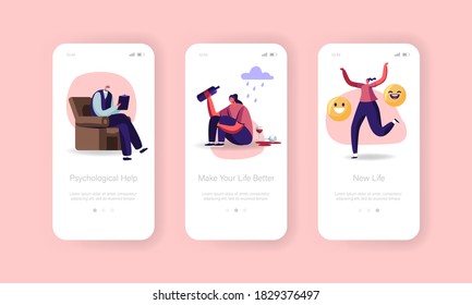 Psychological Help Mobile App Page Onboard Screen Template. Characters with Emotional Sickness, Mental Disorder Visit Psychiatrist Doctor for Medical Aid Concept. Cartoon People Vector Illustration