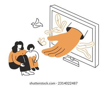 Psychological help - modern line design style isometric illustration on white background. Composition with mother and child, to whom an online specialist lends a hand of support. Mental health idea