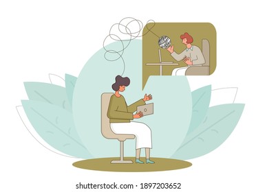 Psychological help online. Counseling concept. Internet therapy session with stressed patient. Psychiatrist and client talking about feeling.  Couch listening sad man. Vecotor flat illustration.