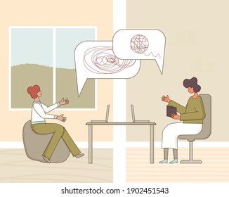 Psychological help online. Counseling concept. Psychologist having  therapy session with stressed patient from home. Couch listening sad man. Vecotor flat illustration.