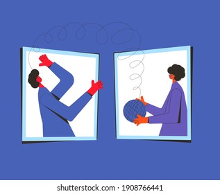 Psychological help online. Counseling concept. Internet therapy session with stressed patient. Psychiatrist and client talking about feeling.  Couch listening sad woman. Vecotor flat illustration.