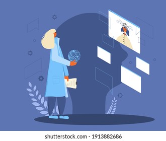 Psychological help online. Counseling concept. Internet therapy session with stressed patient. Psychiatrist and client talking about feeling.  Couch listening sad woman. Vecotor flat illustration.