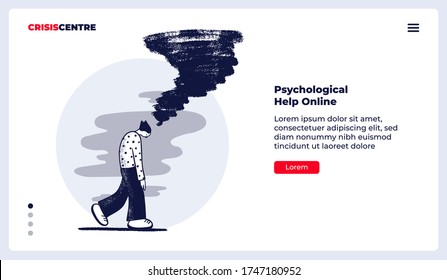 Ayuda psicológica en línea, planilla de la página de aterrizaje de vector plano con ilustración de un hombre caminando desesperado con un torando como concepto de problemas.