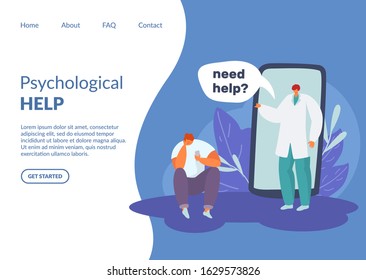 Psychological help online or hotline vector illustration. People doctor psychotherapist and patient sad unhappy depressed man. Huge smartphone or tablet screen. Website internet page banner.